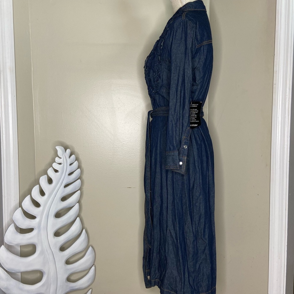 Indigo Blue Tuxedo Snap Front Denim Jean Belted Dress Size 16 - Picture 2 of 5